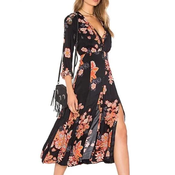 FREE PEOPLE Black Red Maxi Dress Floral Miranda Tassel V-Neck Front Button Sz 4 - Picture 1 of 6
